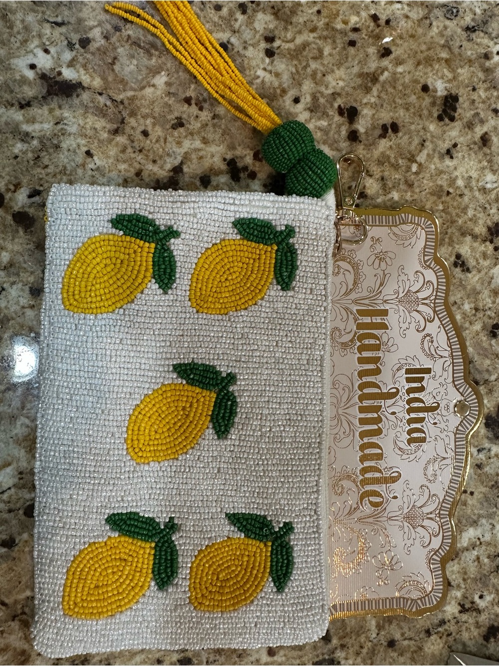NWT Wandering Moon Handmade Beaded Lemon Wristlet Clutch with Yellow Tassel